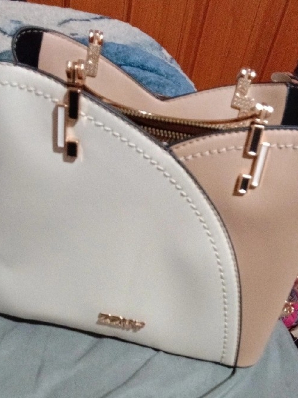 Two-Tone Cream and Blush Shoulder Bag with Gold Hardware